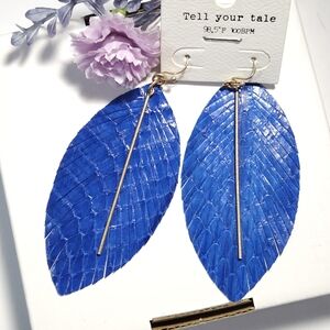 Tell Your Tale Royal Blue Leather Feather & Gold Bar Dangle Earrings Statement